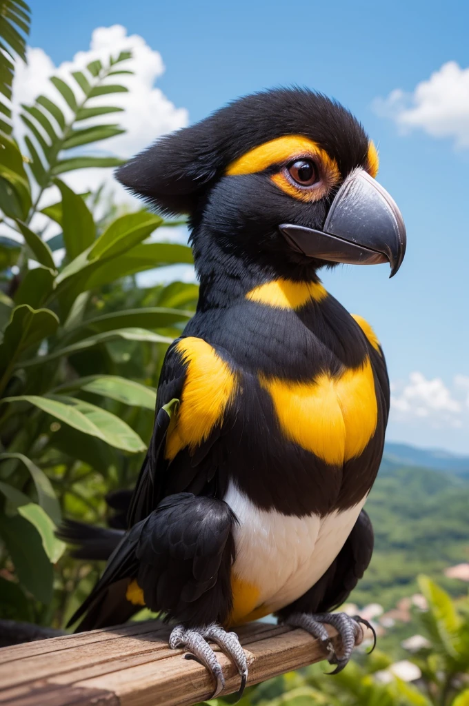 Tucano bonitinho, foto de perfil, desenho animado, escrito "Restaurante da Bicuda"