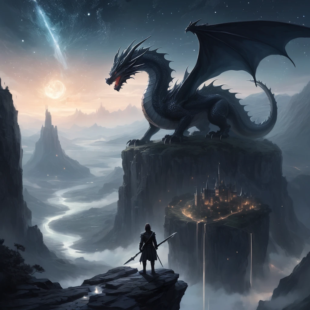 Create an epic and ethereal scene in the "WLOP style." Imagine a lone warrior standing on the edge of a cliff, overlooking a vast, mystical landscape. The warrior is clad in intricate, dark armor with a flowing cape, their hair billowing in the wind. Below the cliff, an ancient city bathed in moonlight stretches out, with towering spires and delicate bridges connecting floating islands. In the sky above, a constellation of stars forms a majestic dragon, its body shimmering with a ghostly glow. The colors should be muted and atmospheric, with a focus on contrasting light and shadow to create a sense of depth and drama. The entire scene should exude a sense of otherworldly beauty and melancholic grandeur, capturing the essence of a fantastical adventure in a mysterious realm.