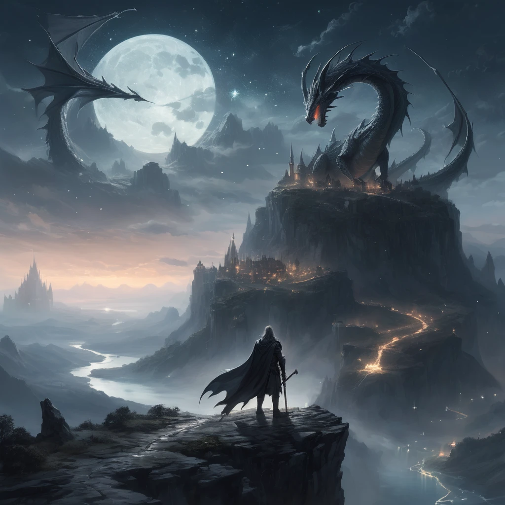 Create an epic and ethereal scene in the "WLOP style." Imagine a lone warrior standing on the edge of a cliff, overlooking a vast, mystical landscape. The warrior is clad in intricate, dark armor with a flowing cape, their hair billowing in the wind. Below the cliff, an ancient city bathed in moonlight stretches out, with towering spires and delicate bridges connecting floating islands. In the sky above, a constellation of stars forms a majestic dragon, its body shimmering with a ghostly glow. The colors should be muted and atmospheric, with a focus on contrasting light and shadow to create a sense of depth and drama. The entire scene should exude a sense of otherworldly beauty and melancholic grandeur, capturing the essence of a fantastical adventure in a mysterious realm.