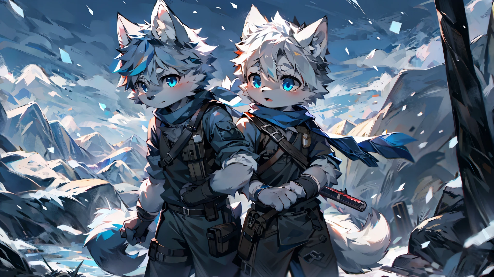 a male werewolf wearing black combat uniform, blue scarf, grey-white fur, sky blue eyes, in a snowy mountain landscape, holding a knife in each hand, wolf ears, fluffy fur, wolf tail, snowing