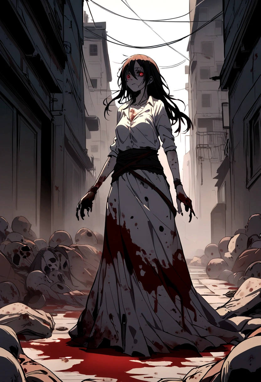 A rotten and fallen zombie girl with many dirty blood stains.