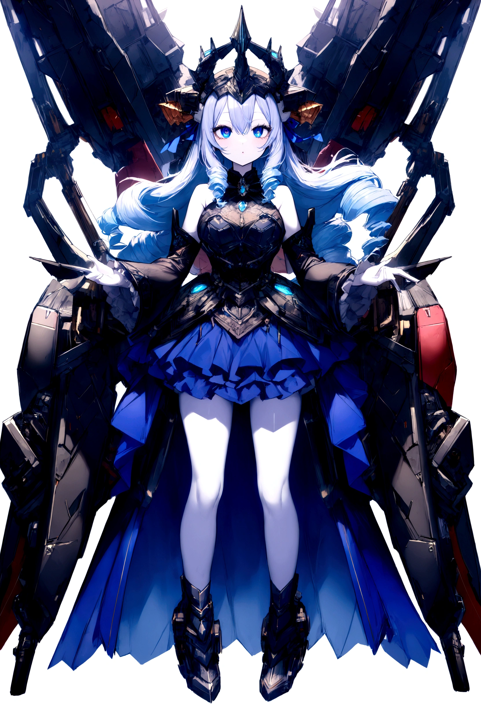 score_9, score_8_up, score_7_up, best quality ,masterpiece, 4k, Japanese anime, 1girl, (white skin:1.2), navy blue hair, medium length hair, blue ribbon, drill hair, wavy hair, (mechanical dragonhorn:1.5), (mechanical wing:1.2), (eye lashes:1.3), (eye shadow:1.3), blue eyes, (beautiful detailed eyes:1.4), laugh, 130cm tall, original character, fantasy, (white background:1.2), (full body:1.8), beautiful fingers, standing, (blue black lace frill armor dress:1.5), (mechanical headdress:1.5) , shoot from front, looking at viewer ,