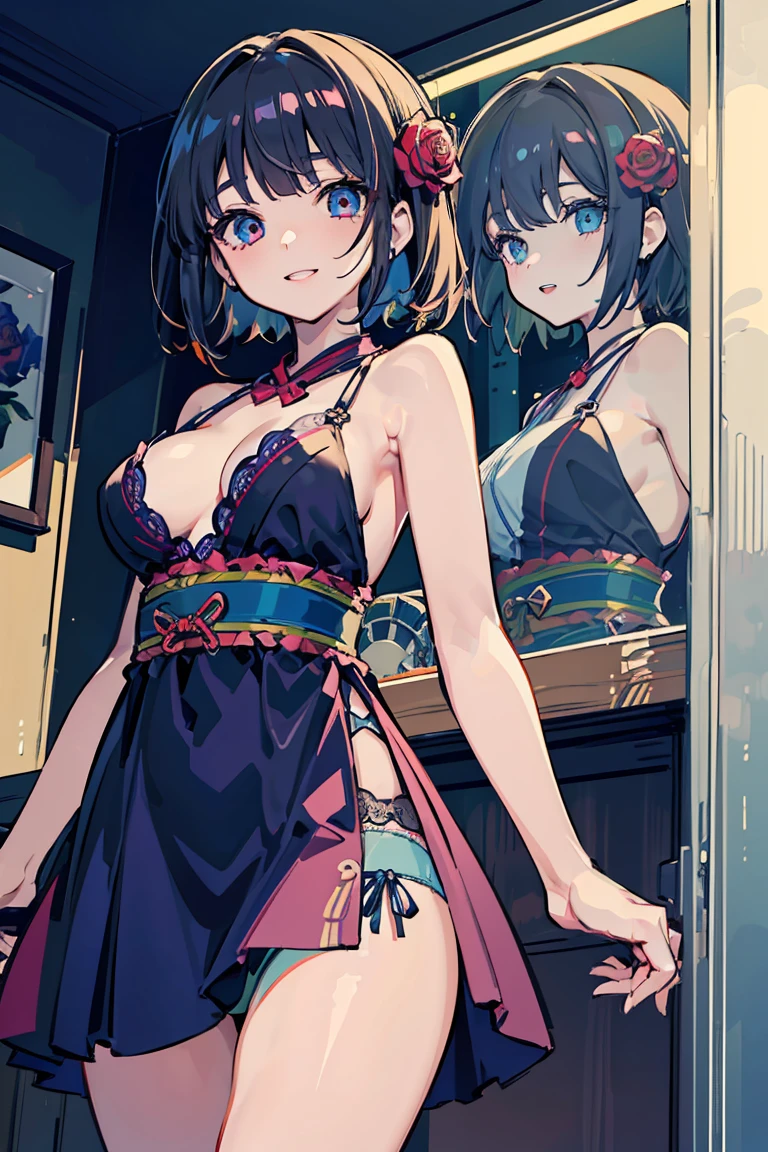 anime, (1 Girl),Get on a bike, Panties, Cowboy Shot, (super high quality),(Blue Rose Dress), Look down, Half an eye,smile, masterpiece, A touching scene, Gorgeous Background,Warmth, Oiran , Black Hair, Shiny Hair, whole body, Warmthのある色調を放つ太陽の光, Perfect body, (E Cup:1.2), Fresh, (Asymmetrical bangs:1.3), Highly detailed face and eyes, Perfect Lips, SF, Digital Art, beautiful, Cinema Lighting, tonalism, Romanticism, modern art, Impressionism, reflected light, 8k, masterpiece, Advanced Details, Highest quality, Accurate