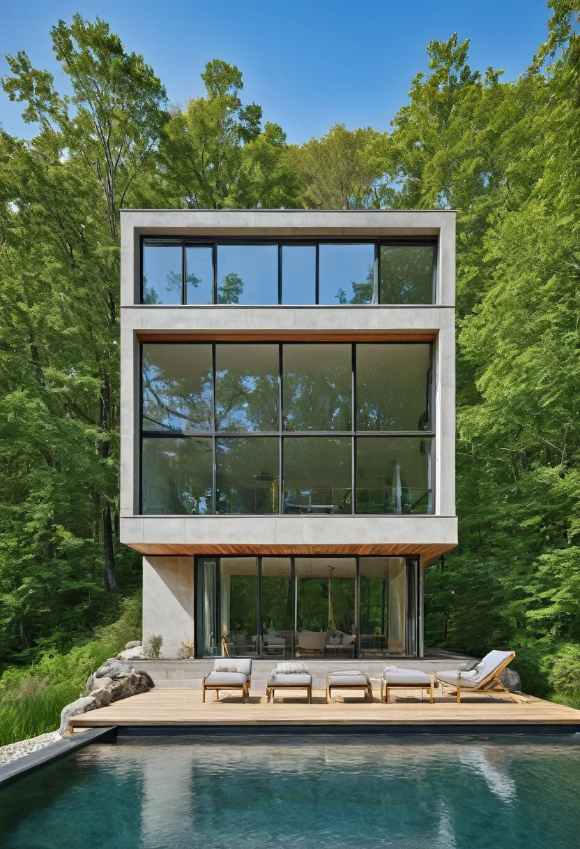 Imagine a contemporary home, where steel, wood and light gray concrete harmonize perfectly. Brise-brise style windows, allowing natural light to dance through the space while maintaining privacy. From the spacious deck, the view opens up to a large, serene lake, reflecting the blue sky and surrounding trees. It's a spring afternoon, the gentle breeze carries the scent of flowers and the peaceful sound of water. The space is welcoming and relaxing, ideal for enjoying a good book or a coffee, in complete harmony with nature. Photography, Hyperrealism style