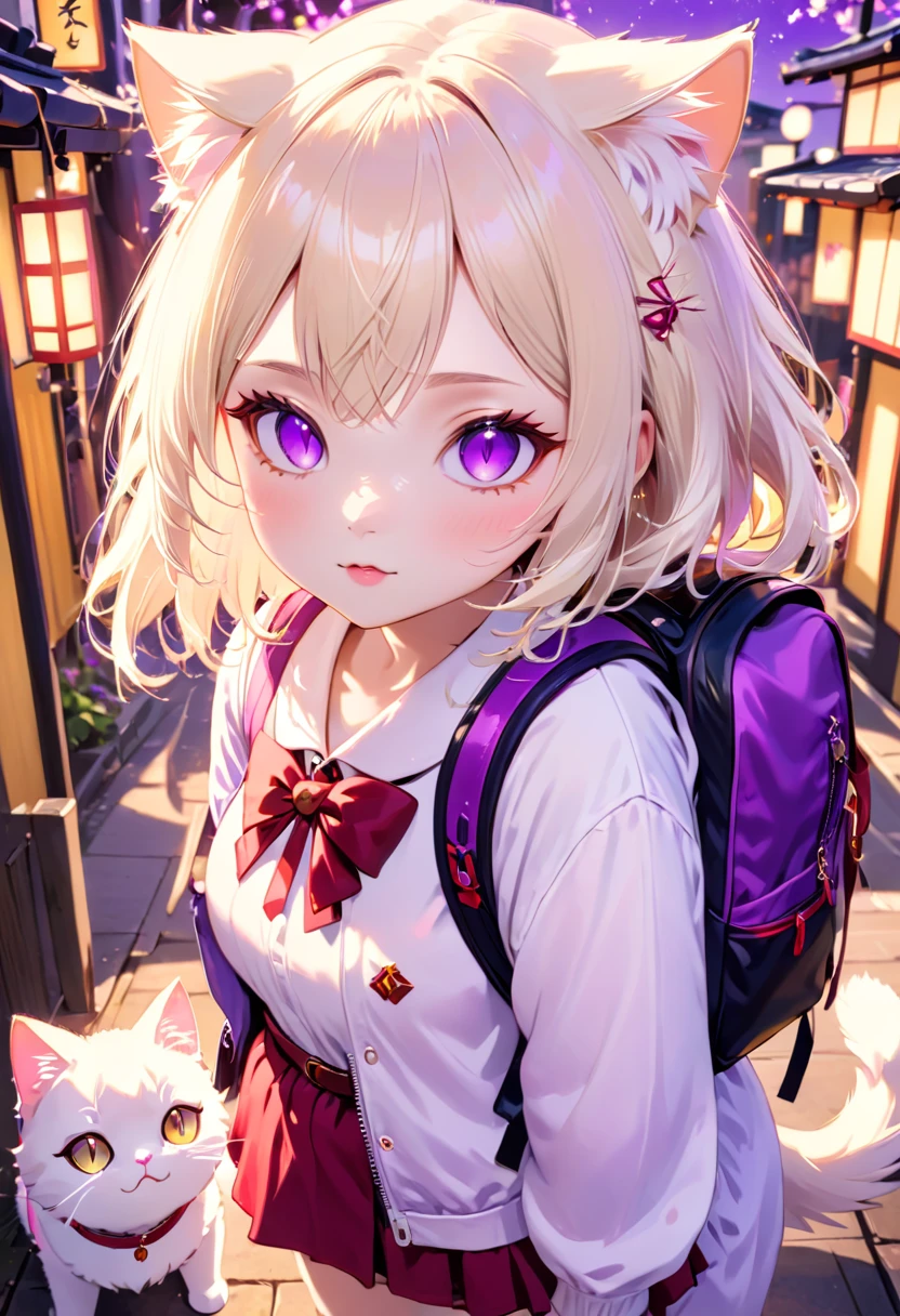 A little cat girl, beautiful detailed purple eyes, cream colored hair, Japanese , red backpack, high quality lighting, vibrant colors, soft lighting, golden hour lighting, magical realism, fantasy, anime style