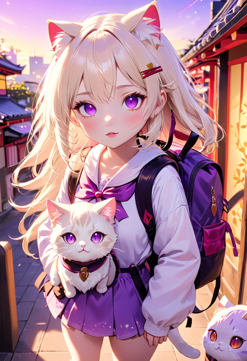 A little cat girl, beautiful detailed purple eyes, cream colored hair, Japanese , red backpack, high quality lighting, vibrant colors, soft lighting, golden hour lighting, magical realism, fantasy, anime style