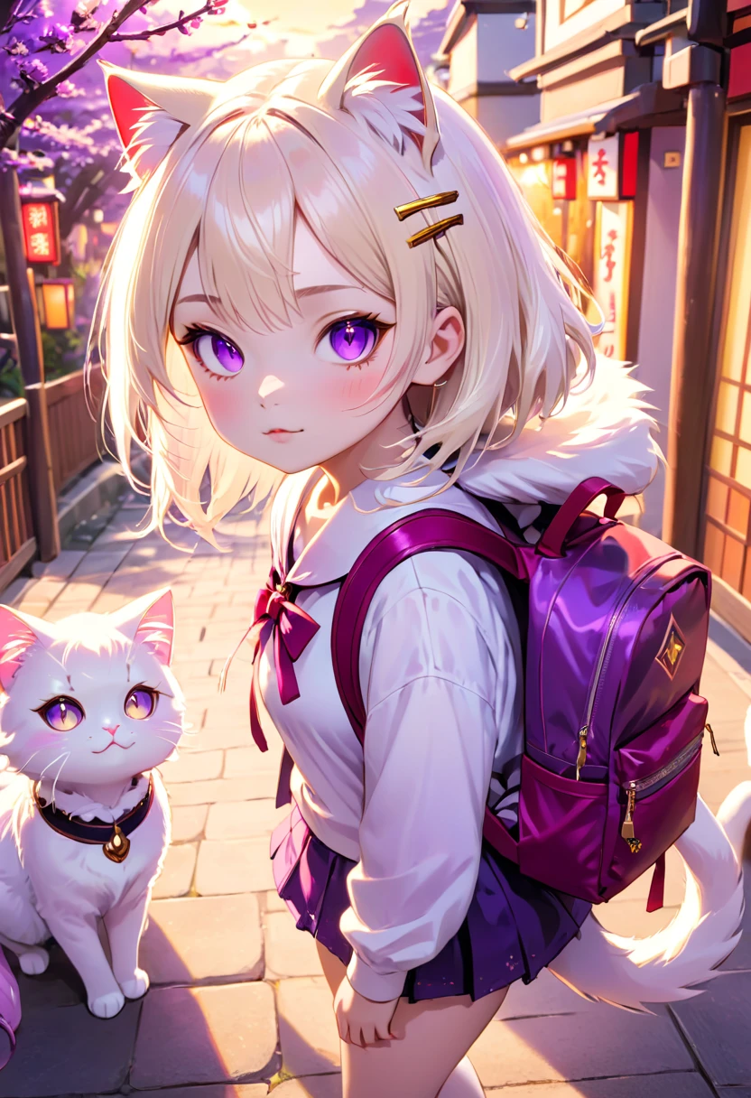 A little cat girl, beautiful detailed purple eyes, cream colored hair, Japanese , red backpack, high quality lighting, vibrant colors, soft lighting, golden hour lighting, magical realism, fantasy, anime style