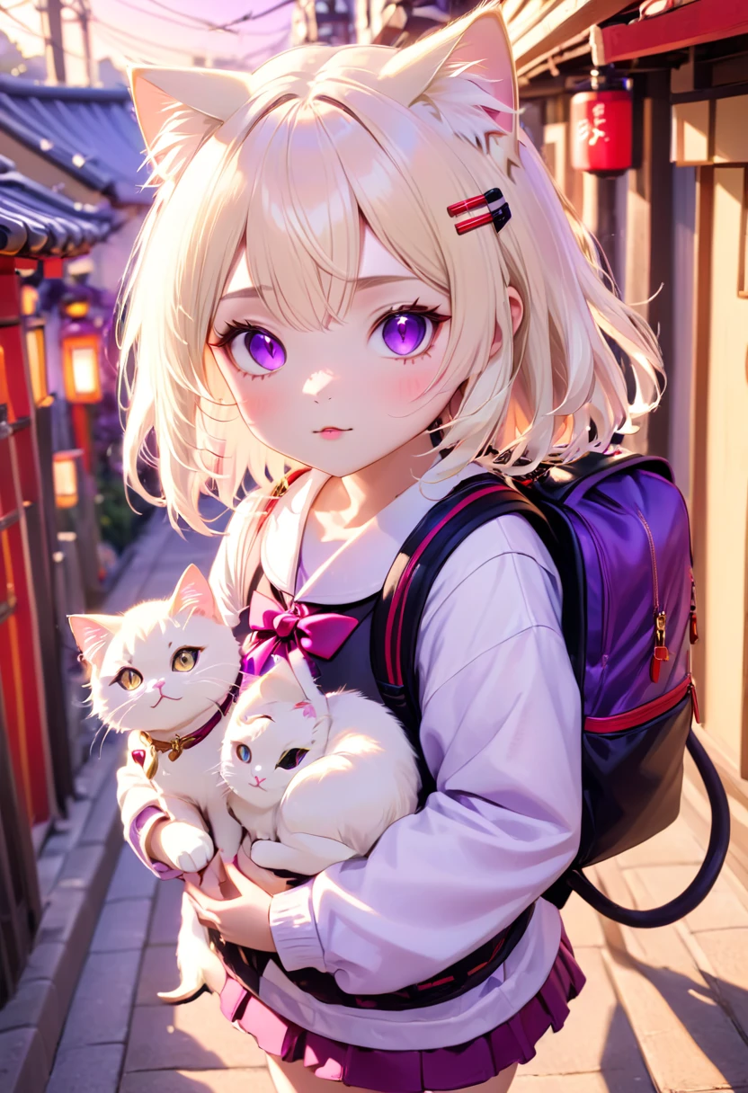 A little cat girl, beautiful detailed purple eyes, cream colored hair, Japanese , red backpack, high quality lighting, vibrant colors, soft lighting, golden hour lighting, magical realism, fantasy, anime style