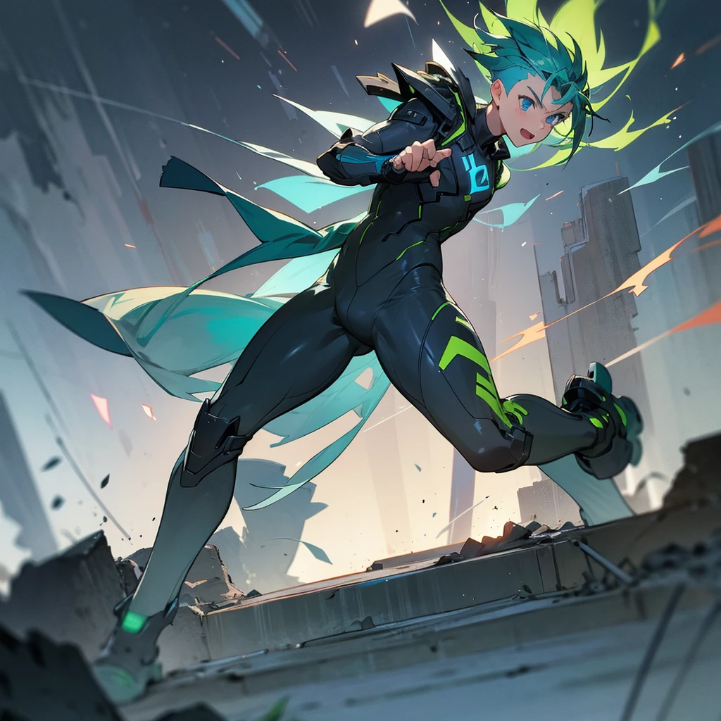 1male, young adult, finely detailed blue eyes, fohawk, green hair, side fade, full body combat suits, standing on ruined building, night time, excited expression