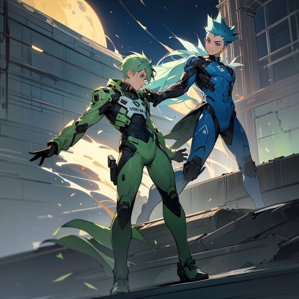 1male, young adult, finely detailed blue eyes, fohawk, green hair, side fade, full body combat suits, standing on ruined building, night time, excited expression