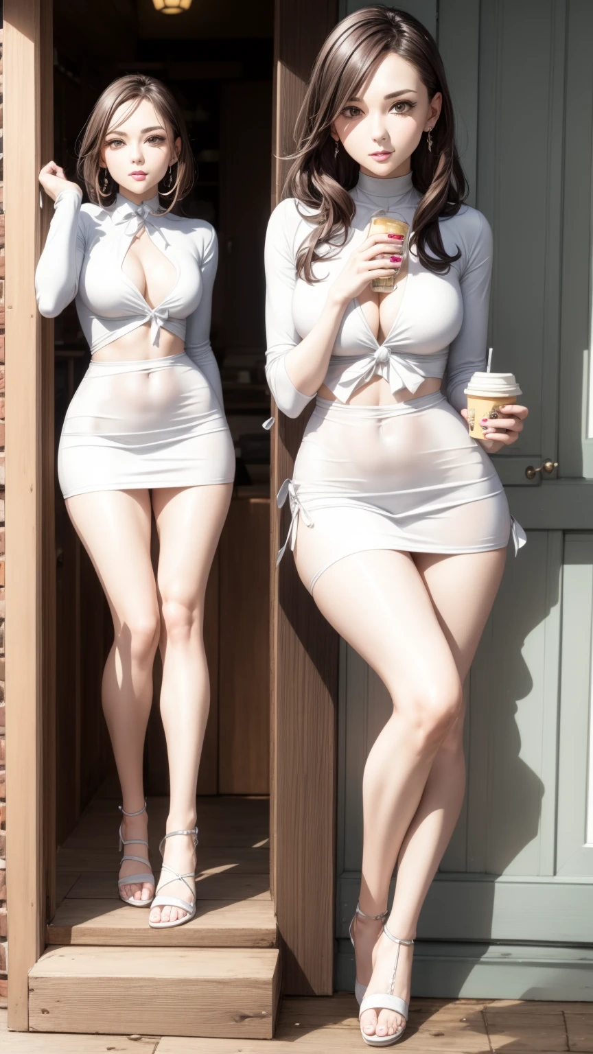 8K quality、High Resolution Male、つま先立ちをするcoffee shopの女店員、Brown and purple long hair、Brown eyes、Ring piercing of the earlobe、Dazzling sunlight、coffee shop、Beige open neck blouse、Deep slit skirt、Beautiful feet、Beautiful thighs、、Small breasts、Seduce、thin、Model Body Type、Ripe body、Neat 30 year old woman、Stretching to reach a bottle on a high shelf、Tight ass visible through the slit