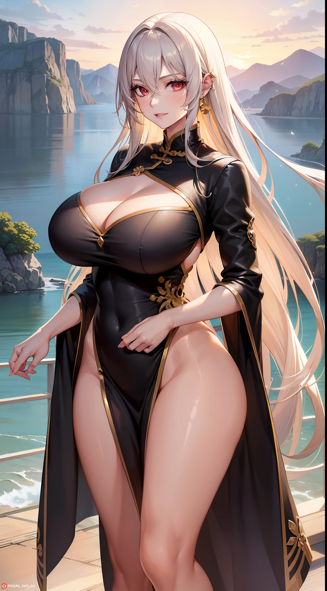 (Art: 1.2), (best quality: 1.2) 1 woman, mature, tall (1.85), appeared to be around 30 years old, had long golden hair, straight and shiny hair, piercing blood red eyes, extremely detailed, perfect eyes , extremely realistic eyes, well-aligned eyes, long eyelashes, anime style, perfect face, milf face, full lips, smiling, mature, clear skin, natural body, sexy body, MILF body, hands on waist, perfect hands, detailed hands, hands well proportioned to the body, realistic hands, arms with good anatomy, she was only wearing an immaculate white Chinese oriental style dress, the dress still couldn't hide her extremely large and huge breasts that were hanging down due to her size, thick thighs, wide hips , Looking at the viewer, background scenery, scenery at a Chinese viewpoint on the edge of a lake, in the background posing the setting sun, alone Looking at the viewer