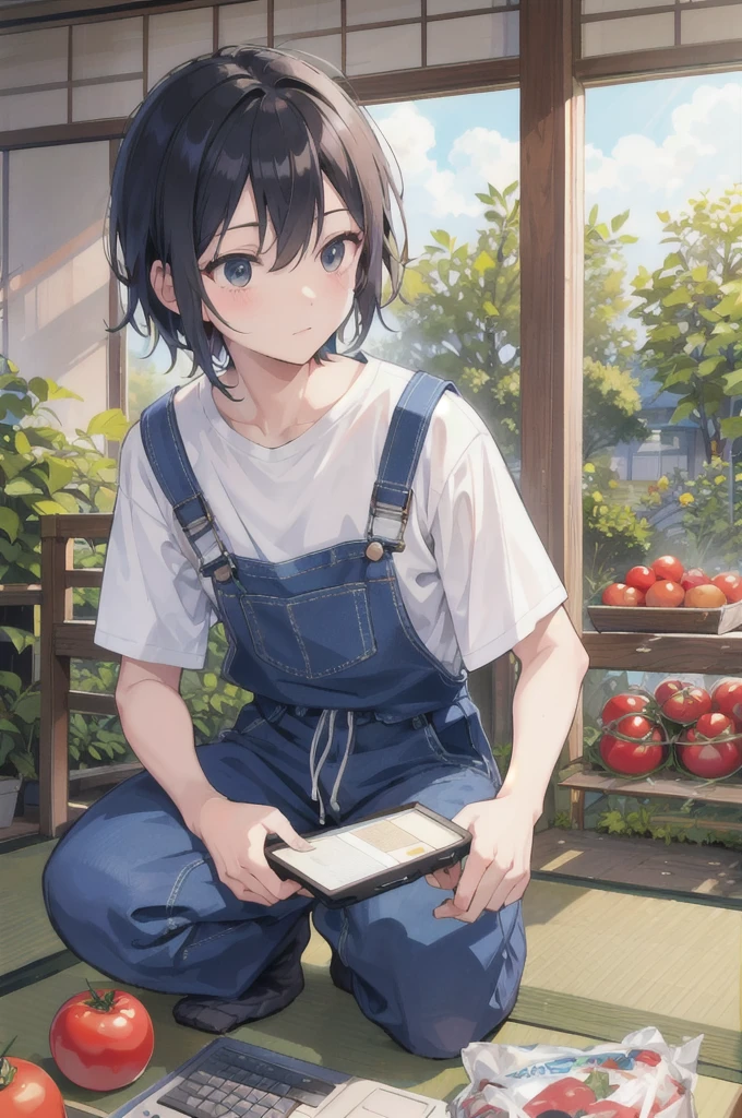 A university student wearing overalls and working on farming、He farms while holding a computer in one hand and talking to an AI.。The location is a garden of about 10 tatami mats.、Crouching in front of a row of tomatoes。