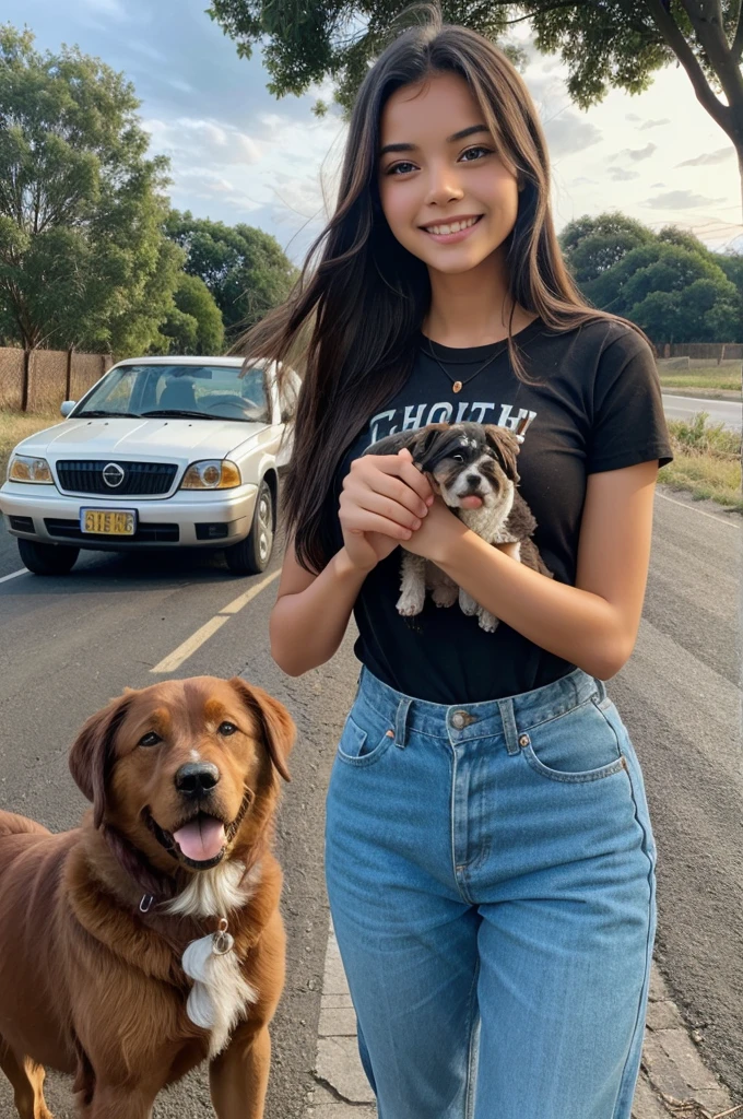 A very beautiful girl with a sweet smile on her face and a dog puppy in her hand is standing on the roadside.