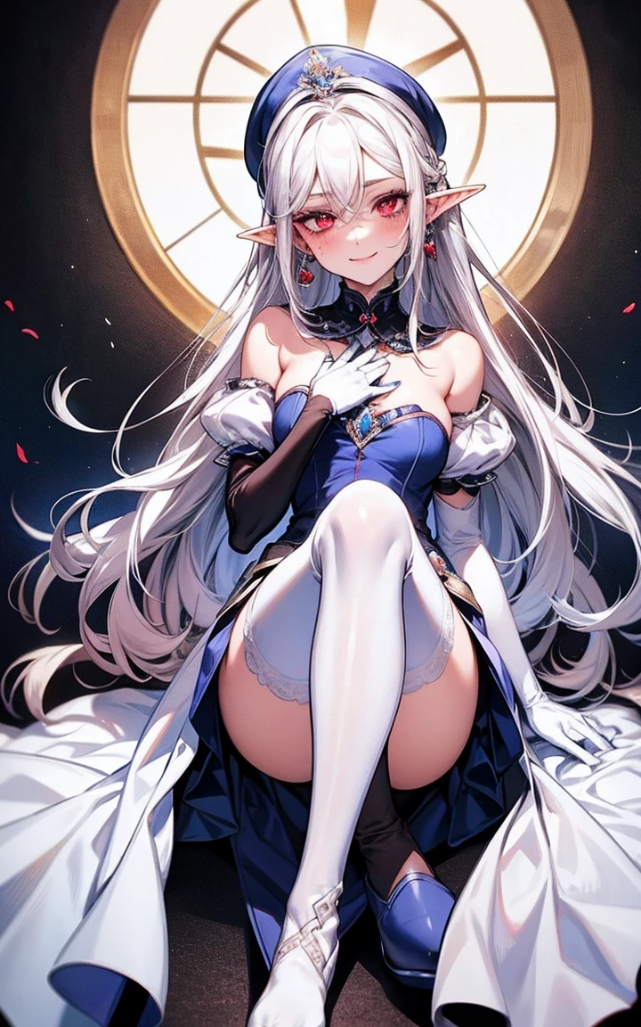 White Hair, Long Hair、Red eyes ,Blue eyeshadow, One Girl, alone, , Earrings ,Show Viewer, blush, , long white elbow satin gloves, Clothing covering the chest Jewelry, very, A kind smile, Long white elbow gloves, White gloves, 、whole body、sexy、Knee-high socks、Sweaty。High resolution、8k、Attractive legs、Brown Skin Elf