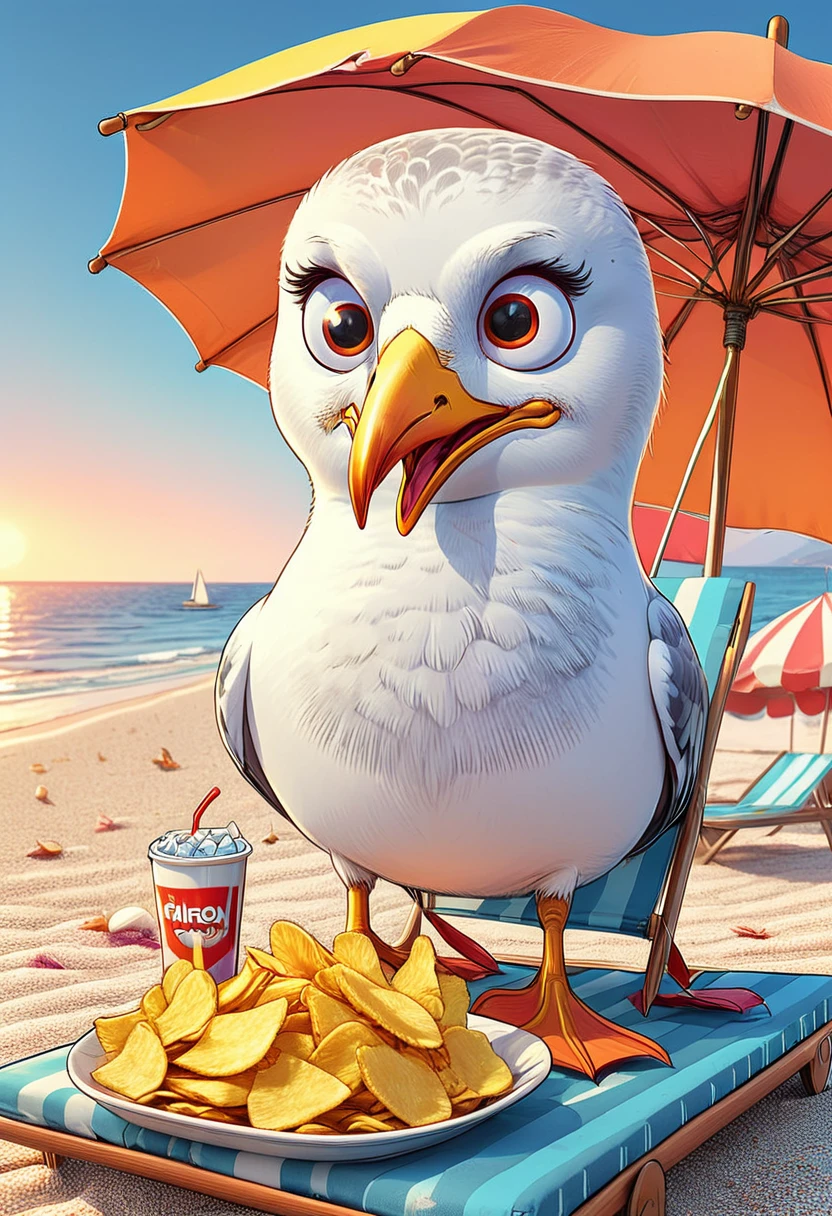 ((clear cartoon style:1.4)), ((a seagull with big eyes sitting on a beach lounger, eating chips, under an umbrella on the beach:1.5)), ((90s cartoon;1, 41)), colorful, vibrant colors, bright lighting, detailed character design, whimsical, imaginative, (best quality, 4k, 8k, high resolution, Masterpiece: 1.2), ultra detailed, (realistic, photorealistic, photo-realistic: 1.37),highly detailed,dynamic composition,3d rendering,8k,studio lighting,sharp focus,vivid colors,magical realism