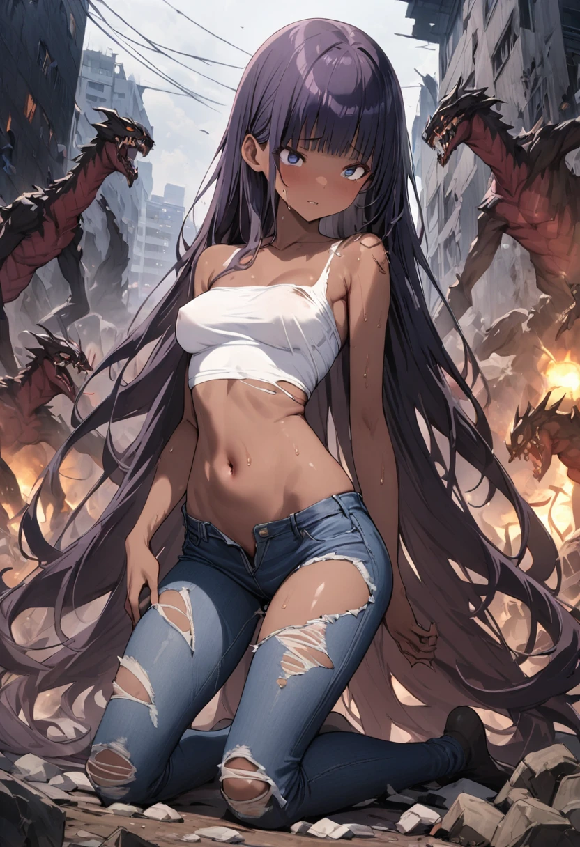 Many monsters attack、(((masterpiece, Highest quality:1.3,absurdres))),nsfw,25 year old beauty,solo,((very small head:1.3)),long hair,bangs,dark blue hair,dark blue eyes,gorgeous eyes,Pain、medium breasts,((very long body:1.2)),((toned body,slender body)),skinny,(tan skin),gleaming skin,shiny skin,sweat,((ripped jeans)),((White tube top,navel、Injury、Torn clothing)),kneeling,(Bitten by a monster、Lots of monsters),Collapsed building,Tokyo、at night、