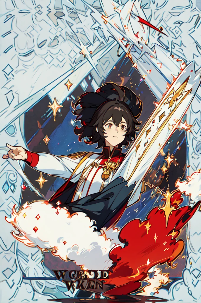 masterpiece, best quality, 1 male, young, tall muscular, handsome, finely detailed eyes, intricate details, black hair, short hair, smile, solo, upper body, detailed background, detailed face, good sorcerer, color magical robes, determined expression, white color scheme, dark crimson light, glowing magical runes, realistic lighting, floating particles, sparks, surrounded by gold lightning red arcane symbols, corrupted by eldritch power, bloom, glasses