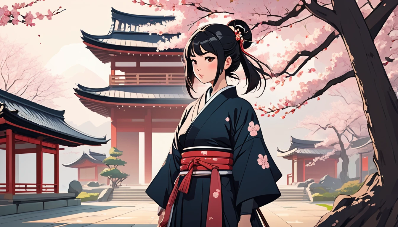 Female samurai,Japanese temple with cherry blossoms in the background、 Wide-angle lens, Lofi Anime, Lofi illustration, Aesthetic atmosphere, Lo-Fi Style, Vector art, Flat Design, Simple shape, Warm tones, Pleasant atmosphere, Chill, In anime style, Digital drawing, Vector art, Vector logo for t-shirt printing, (Adorable:1.5), (small:1.4), (Playful:1.2), (soft:1.3), (Whimsical:1.1), masterpiece, Highest quality, 8k, Intricate details, grow, Celestial, Mysterious, Picturesque, amazing, Majestic, Magic, Fantasy art, Cover art, dream-like