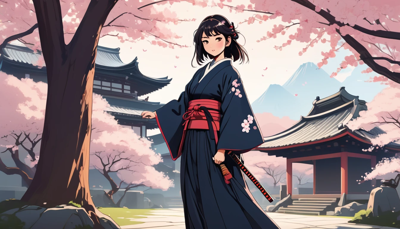 Female samurai,Japanese temple with cherry blossoms in the background、 Wide-angle lens, Lofi Anime, Lofi illustration, Aesthetic atmosphere, Lo-Fi Style, Vector art, Flat Design, Simple shape, Warm tones, Pleasant atmosphere, Chill, In anime style, Digital drawing, Vector art, Vector logo for t-shirt printing, (Adorable:1.5), (small:1.4), (Playful:1.2), (soft:1.3), (Whimsical:1.1), masterpiece, Highest quality, 8k, Intricate details, grow, Celestial, Mysterious, Picturesque, amazing, Majestic, Magic, Fantasy art, Cover art, dream-like