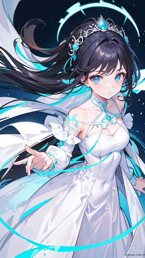 20 year old WOMAN, with long dark hair and a white dress with light blue details, a chic evening dress. 4k high quality. Draw style, digital art style, non-realistic, no background,