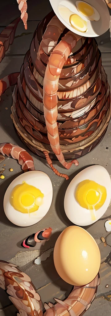 (Create a masterpiece: 1.2),(CGI art:1.3),(realistic:1.5),(After processing:1.3),(Sharp focus:1.3), (several eggs, worms:1.8) ,middle of the road,( Fire blazes behind:1.3)