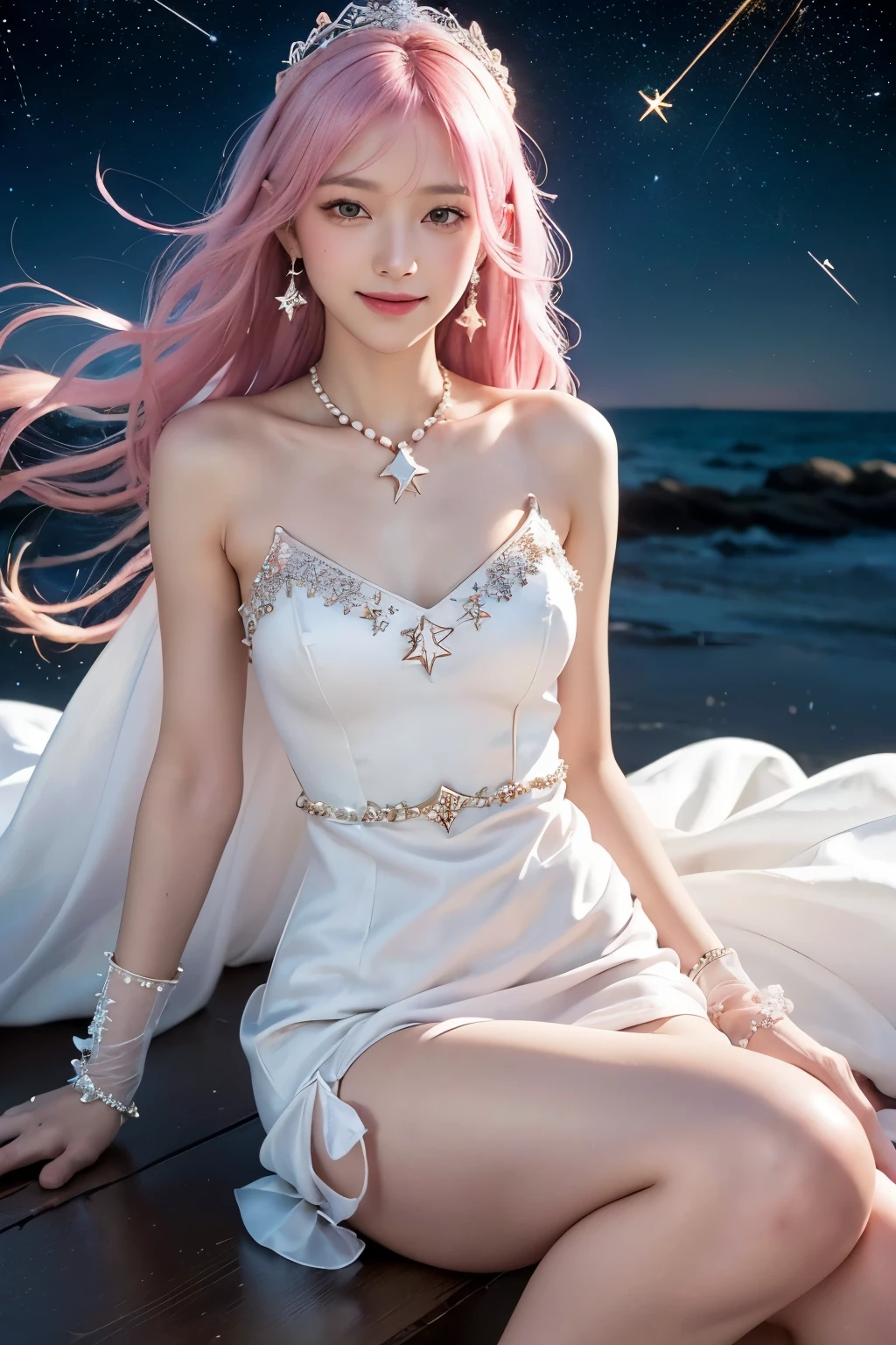  (8K, top-quality, masterpiece:1.2), (reallistic, Photorealsitic:1.37), Super Detail, One girl,), (Highly detailed), (beautifully detailed eyes), (of the highest quality), (super detailed ), (masterpiece), (Detailed face),20yr old, ,1 girl, ((pink hair,long hair)), medium breasts, clothed, Perfect Lighting, BREAK, (elegant white dress:1.5), (long flowing train:1.3), (luxurious silk:1.2), (shimmering satin:1.2), (delicate organza:1.2), (subtle embroidery:1.2), (dazzling pearls:1.2), (sparkling sequins:1.1), (slim belt:1.1), (elbow-length gloves:1.1), (delicate crown:1.1), statement earrings, pearl necklace, (stiletto heels:1.1), sheer socks, BREAK, (upper body to thighs:1.1), (long pink hair:1.2), waves, (smile:1.1), (crab constellation's sky:1.3), (mystical star night sky:1.4), (soft lighting:1.2), (dramatic contrast:1.2)

