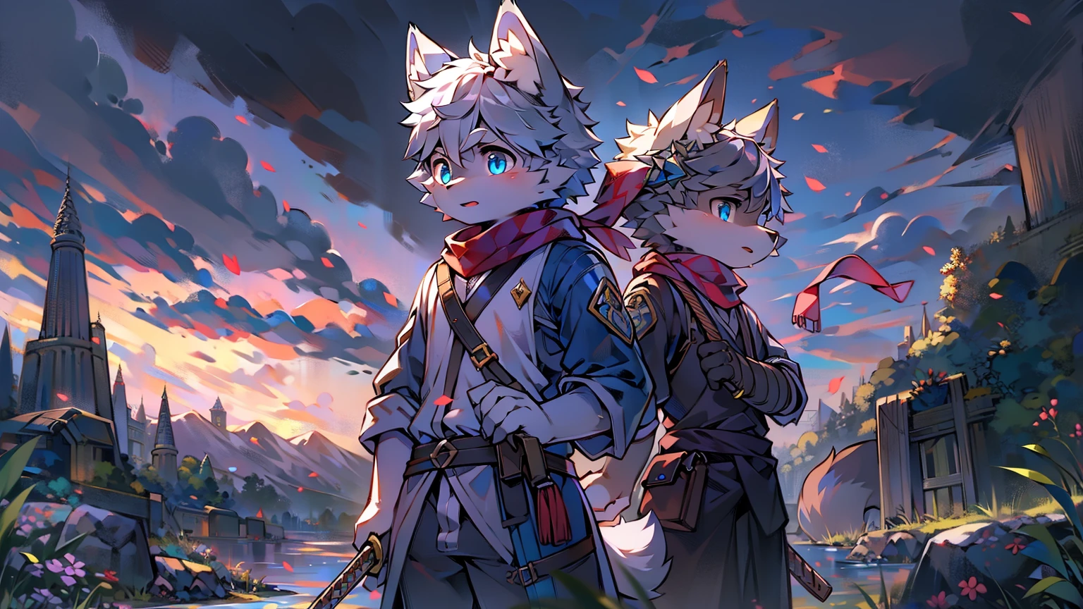 Wolf,juvenile,male,Gray-black fur,Sky blue eyes,Ancient combat uniform,scarf,Holding a long sword,Scabbard back,permanent,The only one,dawn,illumination,Break