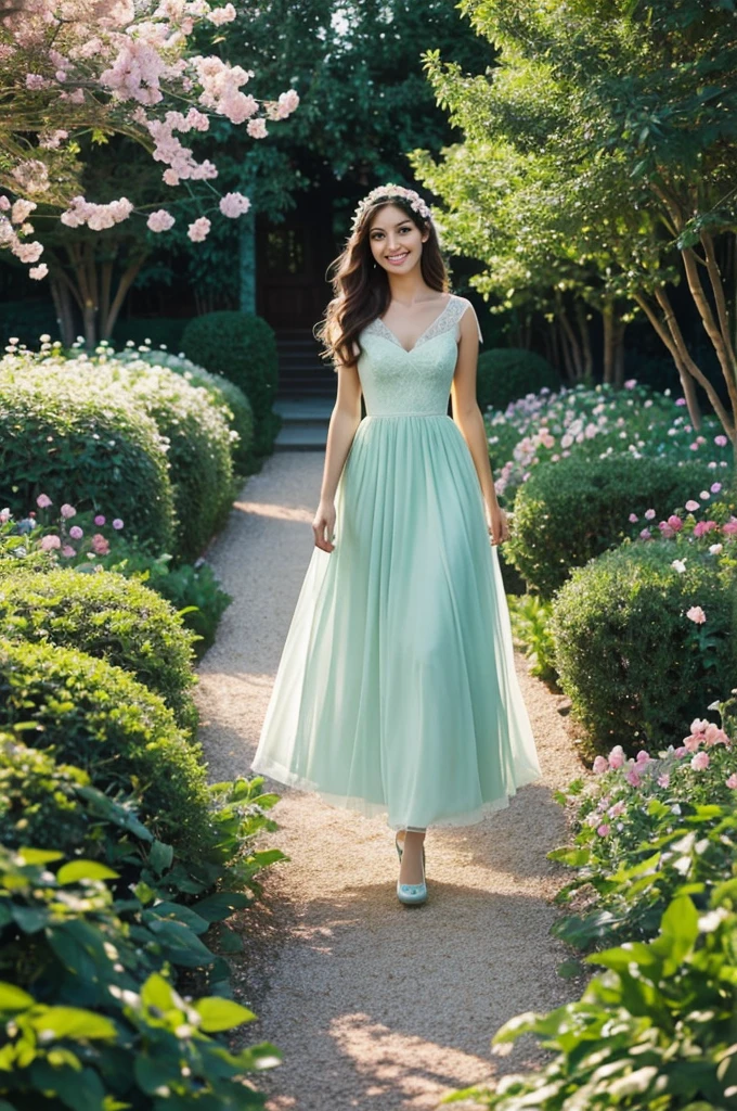 A beautiful garden on a sunny day, birds singing merrily in the branches. A young girl named "Victoria" takes a stroll in the garden, her long hair flowed by the breeze, dressed in a white dress like a princess from a fairytale. She elegantly walks through the rose bush and lilies, smiling as she appreciates the scenery around her. People turn their heads to admire her beauty, rumored that she is the mistress of the garden, the true fairy of the garden. In this quiet garden named "Victoria", everything became so beautiful and mysterious, New wave animation style, Acrylic materials, Dreamy haze lighting, Mint green color palette, Aerial perspective point of view, Highly detailed quality, --ar 16:9 --v 1