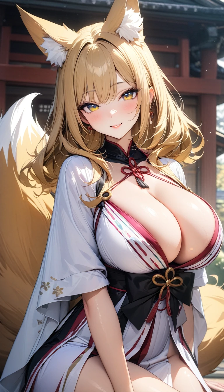 ((最high quality, 8k, masterpiece)), High resolution、(high quality: 1.5)、Very detailed、Detailed face、Bright colors、Natural light、Fine grain、Colorful eyes、Beautiful Face、非常にDetailed faceのテクスチャの女性,masterpiece, 最high quality, Detailed and beautiful eyes,最high quality、Best image quality、masterpiece,Shrine maiden,Big Breasts,,Shrine maiden服,hakama,shrine,Fox ears,Fox Tail,Solemn,Main God,pray,(side view),side ,Yellow Hair,Fox,mature female,smile,((22 years old、Just beautiful,masterpiece,最high quality、so beautiful,High resolution,1girl, solo,make up,smile,make,(masterpiece:1.2)、(最high quality:1.2)、Latest Glossy Skin