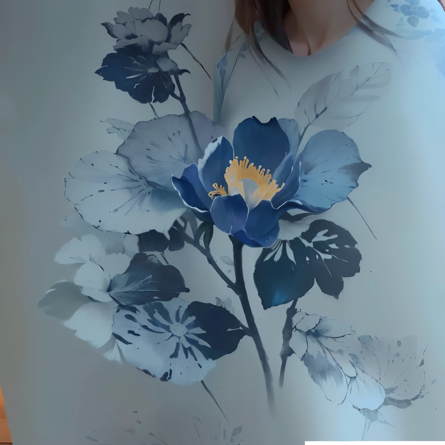 There was a lady with a flower on her shirt, Floral Pattern, Ink and pastel colors on silk, Painted flowers, Floral Pattern, Embossing, author:Anna Fuseli, Cyanotype, Describing a flower, blue - petals, Clothes made of leaves, Floral details, Inspired by bamboo leaves, Inspired by Xie Shichen
