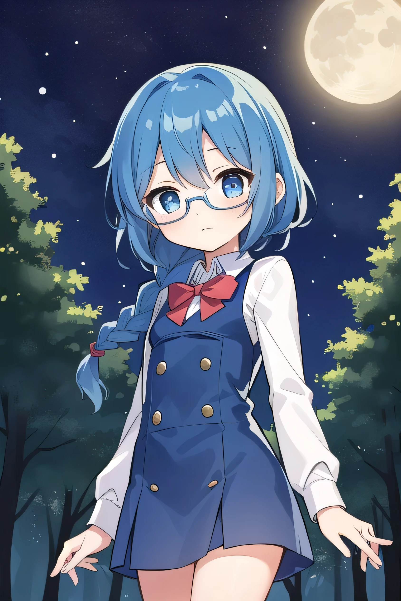 small breasted girl, short, elementary school student, blue hair, fishtail braid, blue eyes, round eyes, shy, shy, , short, young face, short height, , glasses with no edges,flat chest,night,walking,night, dark, moonlight,in the forest