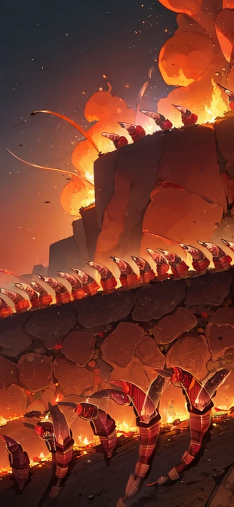 (several worms:1.8) ,middle of the road,(Fire blazes behind:1.3)