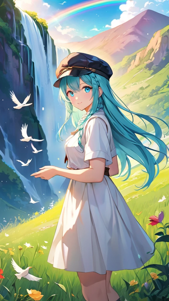 (Eyes:1.1), (Hands:1.1), (Fingers:1.1), Female, woman, mature, Beautiful, Humble, Kind, long hair upper waist Stright Braided Hairstyles, Aqua blue pupil eyes colour, bright cyan Hairs, leather white wear Newsboy Cap, white dress flowing with skirt, Painting mountains with a waterfall and a rainbow, filled with many birds flying on canvas, open grassland background in the morning. Anime style, vivid colours.