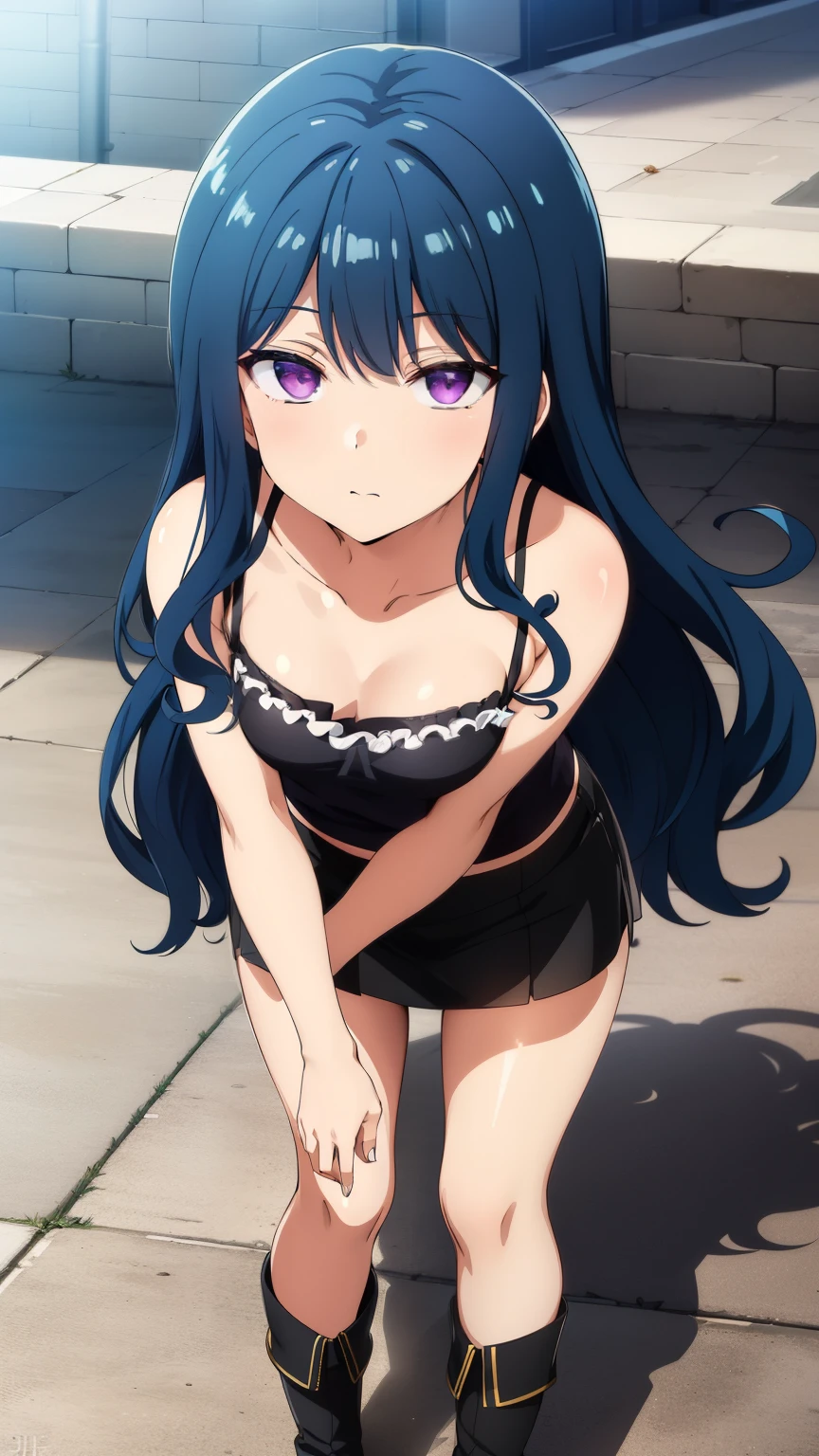 (masterpiece, best quality, high resolution, 8k:1.2),anime art style, nozaki yuu,anime, girl１people,(narrowed eyes, eyes half-closed, jitome, rolling eyes :1.2),(eye light: 1.2),closed mouth, blue hair, very long hair, (wavy hair:1.2), purple eyes, beautiful eyes, highly detailed face, Detailed CG, expressionless, solo,(Black leather camisole, leather mini skirt, black boots, beautiful shoes, city), standing, looking at the viewer, in the center of the image, dynamic poses, dynamic angles,