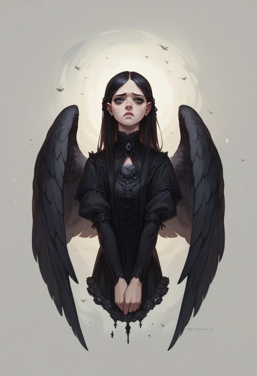 Woman, black wide, big, black wings, hyper realistic , gothic, sad, cinematic scene