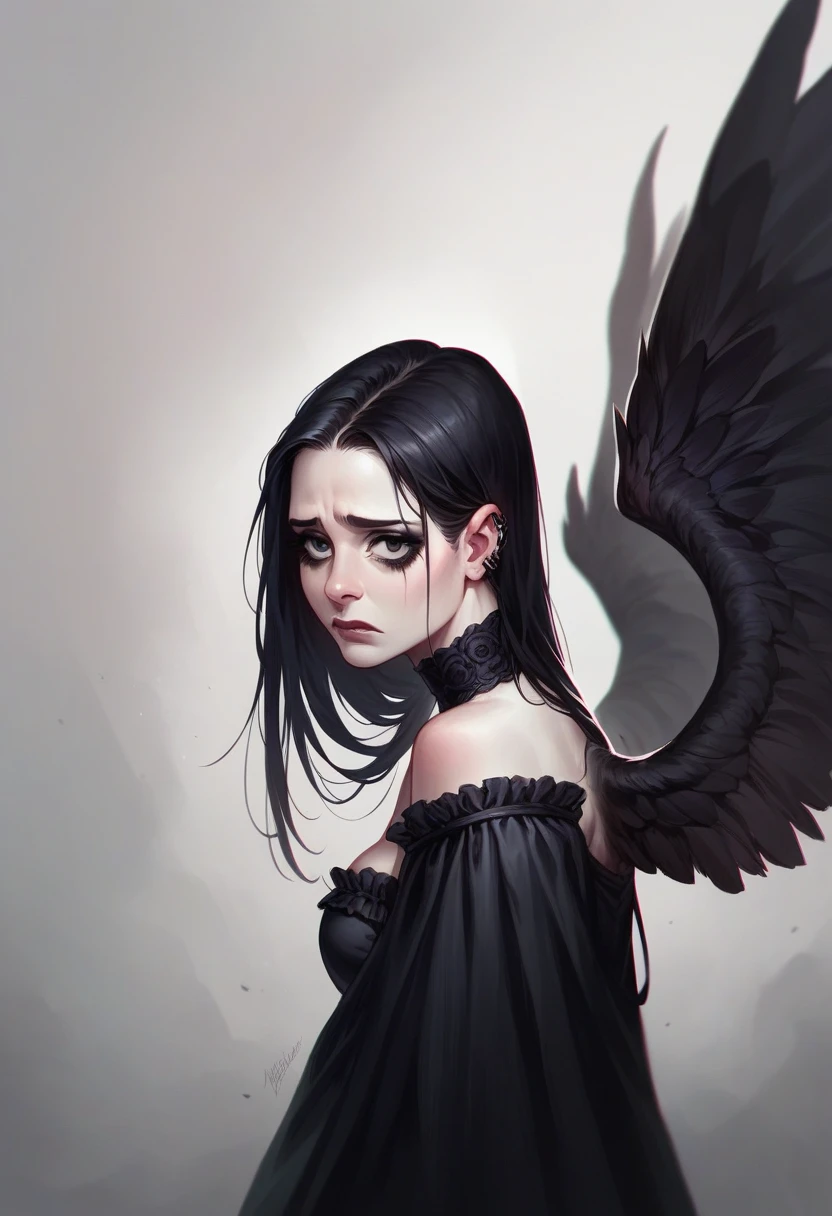 Woman, black wide, big, black wings, hyper realistic , gothic, sad, cinematic scene