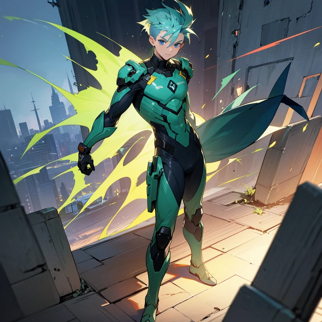 1male, young adult, finely detailed blue eyes, fohawk, green hair, side fade, full body combat suits, standing on ruined building, night time, excited expression