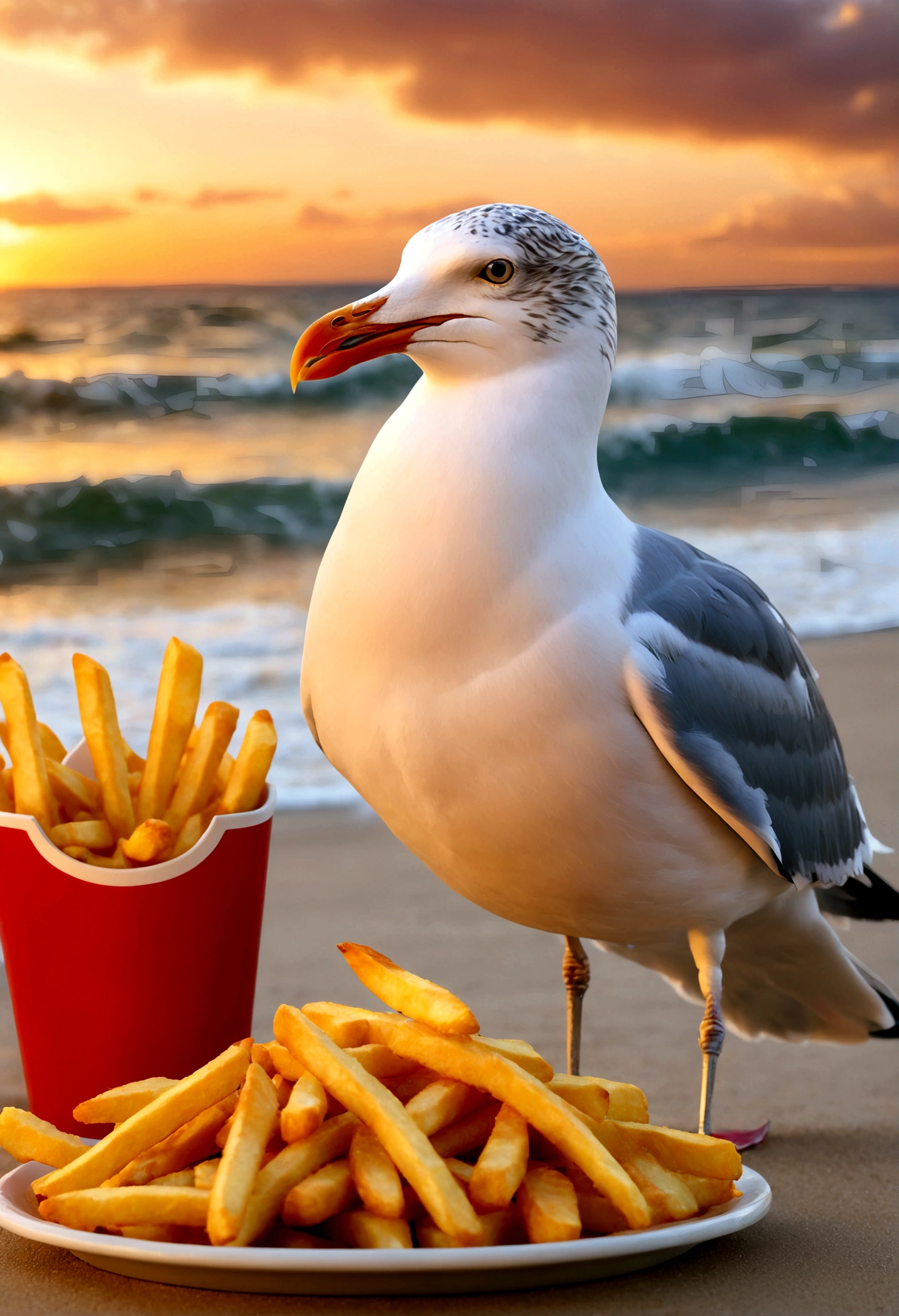 Seagull and Fries, seagull, french fries, beach, sunset, dramatic sky, ocean waves, sandy shore, food on the beach, hungry seagull, seagull reaching for fries, detailed seagull, detailed french fries, 8k, highly detailed, vivid colors, dramatic lighting, cinematic, golden hour, masterpiece, best quality, very aesthetic, absurdres