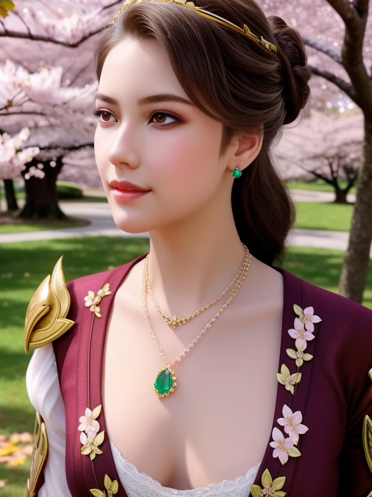 (,1 Girl, Throw,best quality,masterpiece,  ) ,(((,Cherry blossoms,  )))    Ultra-realistic 8k CG, Flawless, Clean, masterpiece, Professional artwork, Famous Artworks, Movie Lighting, Bloom, Perfect face, Pretty Face, fantasy, Like a dream, illusory, Science fiction, luxurious, Jewelry, diamond, Kaneko, pearl, gem, 蓝gem, 红gem, emerald, Intricate details, Exquisite pattern, charming, Tempting, Tempting, , enchanting, Hair accessories, necklace, earrings, bracelet, armband,Halo,Autumn leaves,