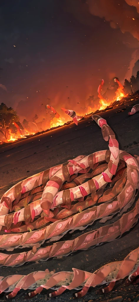 (several worms:1.8) ,middle of the road,(Fire blazes behind:1.3)