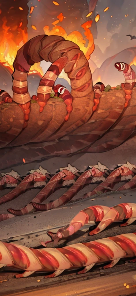 (several worms:1.8) ,middle of the road,(Fire blazes behind:1.3)