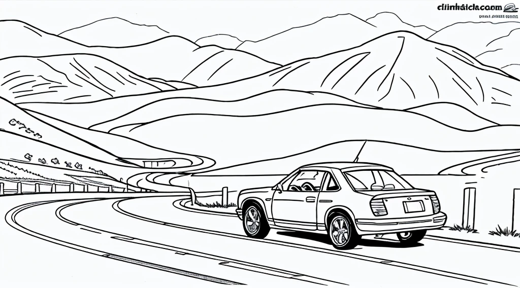 Colouring book page, beautifully drawn, black and white, car racing in the mountains and on the coast, standing alone on land, simple line, illustration, ink drawing, thick outlines very visible, clean lines, dashed drawing, clipart. A car is moving along the road, another car is catching up with it from behind. The sea and mountains are in the background.