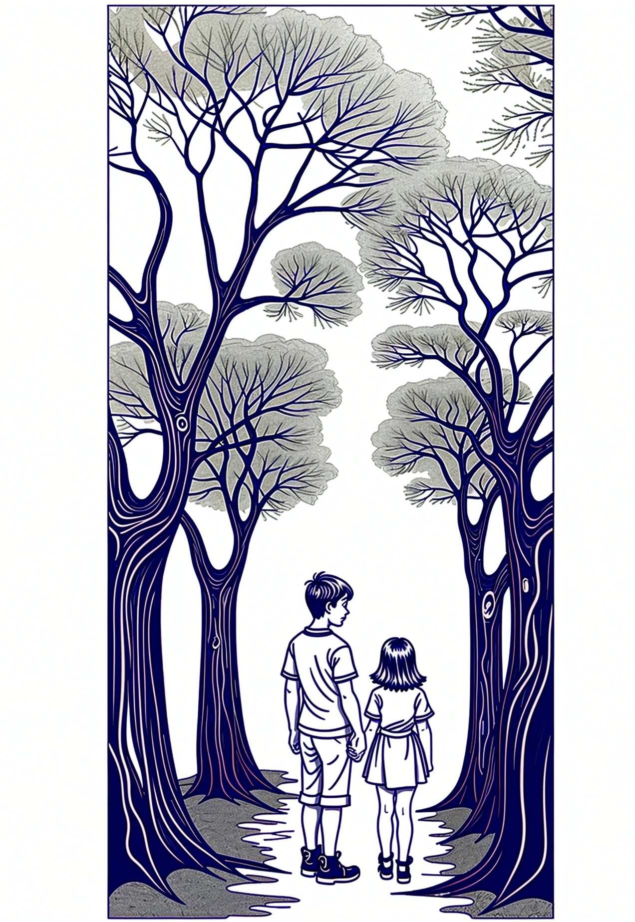grey and white only, Book page coloring art, All-white background, Use only outlines, line art, coloring book, Clean line art, For coloring Simple and clean line art, coloring book page, perfect symmetric details, Cherry Blossom Grove: Generate an image of a young boy named Jamie, seven years old, and his twenty-year-old sister, Lucy, standing at the edge of a magical forest. They are excited and ready to start their adventure, with bright smiles on their faces and a path leading into the enchanting forest. Include elements like fantastical trees, glowing plants, and a vibrant atmosphere.