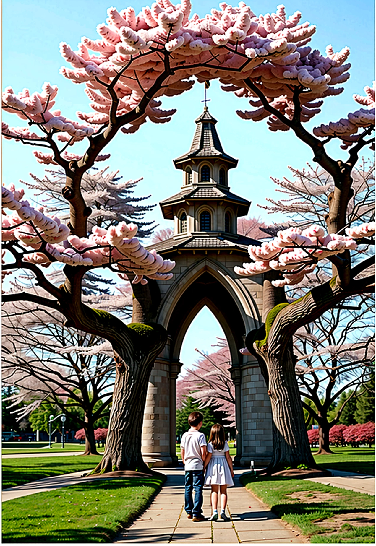 grey and white only, Book page coloring art, All-white background, Use only outlines, line art, coloring book, Clean line art, For coloring Simple and clean line art, coloring book page, perfect symmetric details, Cherry Blossom Grove: Generate an image of a young boy named Jamie, seven years old, and his twenty-year-old sister, Lucy, standing at the edge of a magical forest. They are excited and ready to start their adventure, with bright smiles on their faces and a path leading into the enchanting forest. Include elements like fantastical trees, glowing plants, and a vibrant atmosphere.