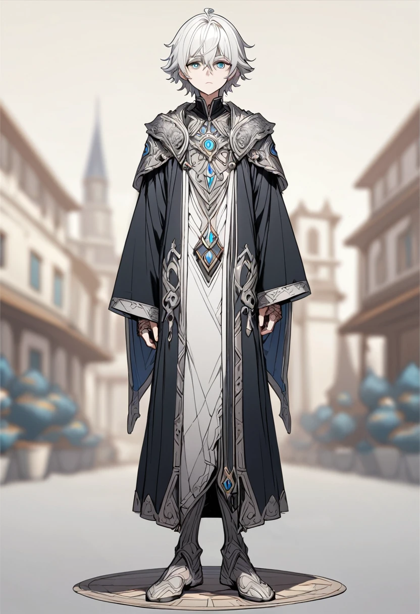 best quality, high quality,ulutra detailed,16k,line art,hard-edged,(Full body:1.5),Standing Upright ,expressionless,deep detailed eyes,white hair,young boy,wizard,white hair,expressionless,deep detailed eyes,blurry background