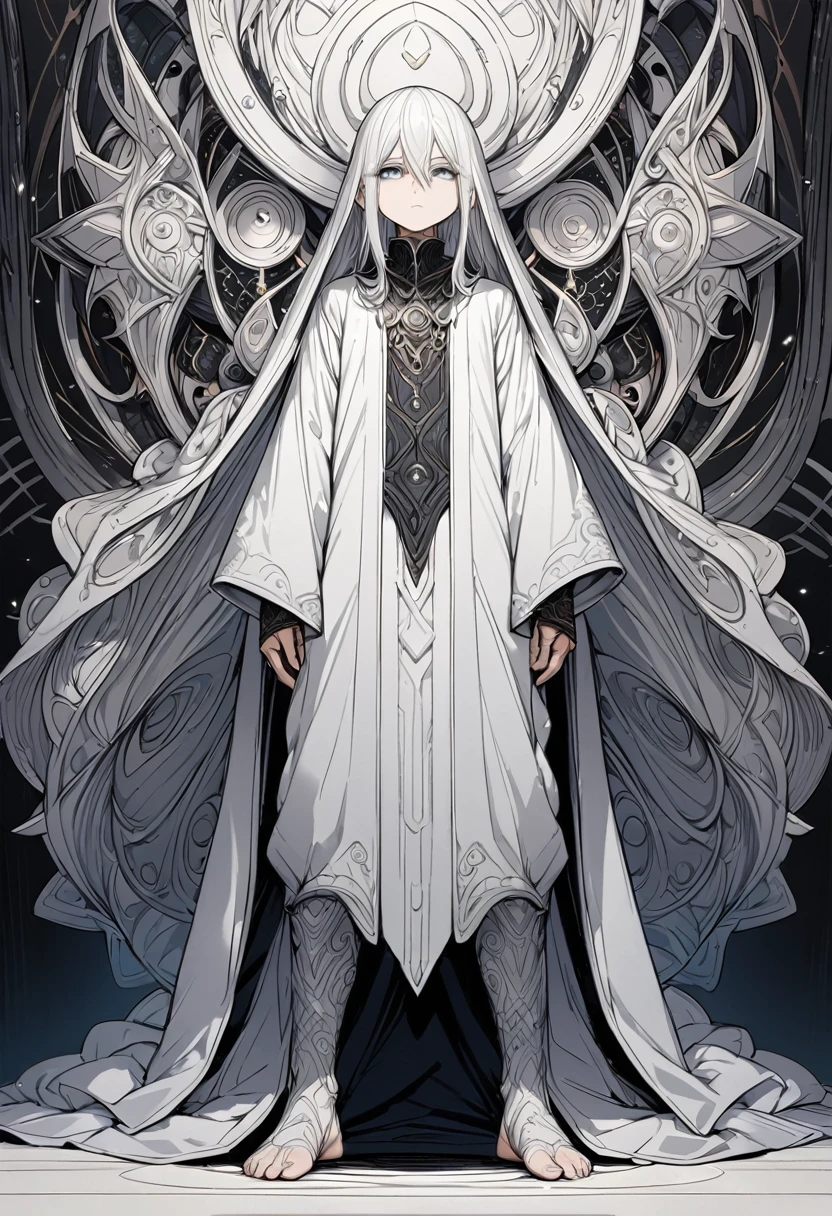 best quality, high quality,ulutra detailed,16k,line art,hard-edged,(Full body:1.5),Standing Upright ,expressionless,deep detailed eyes,white hair,young boy,wizard,white hair,expressionless,deep detailed eyes,blurry background