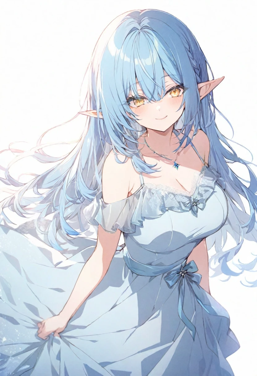 (masterpiece), (best quality), perfect face, beautiful girl, white background background, delicate and beautiful face and eyes, dark intense shadow,
1 girl, vtuber style, cool girl, hololive, Yukihana Lamy, Elf ears, light blue evening dress, long skirt dress, Gorgeous evening dress Ruffles dress, lace, necklace, big chest, cropped shoulders, clavicle, winking, smile, body visible through clothes, chest visible through clothes, ass visible through thighs, High heel, (full body), looking at viewer, standing,