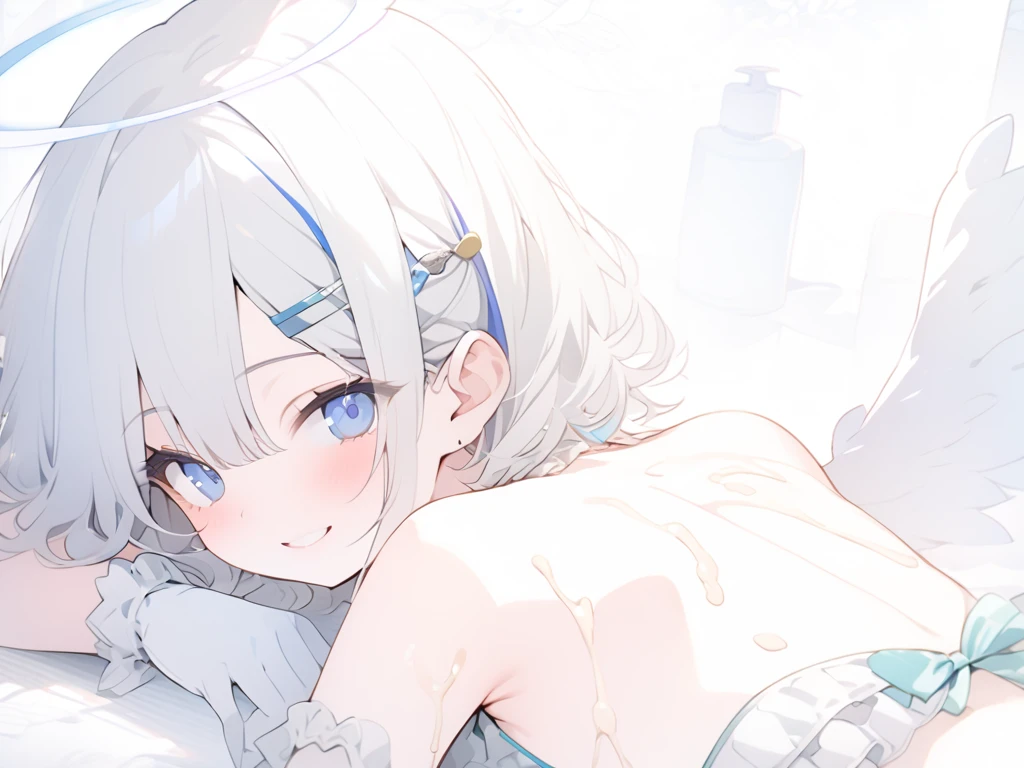 beautiful, masterpiece, Highest quality, anime, One girl, C Cup,Portrait Shot, View your viewers, Intricate details,>,((Covered、Short Hair、nearby、Blue Eyes、art、、White hair,Blue streaked hair、wallpaper、、white_Silk gloves、hairpin、smile、Frilled bikini、Angel、Thighs、Halo、Lying on your back、lotion