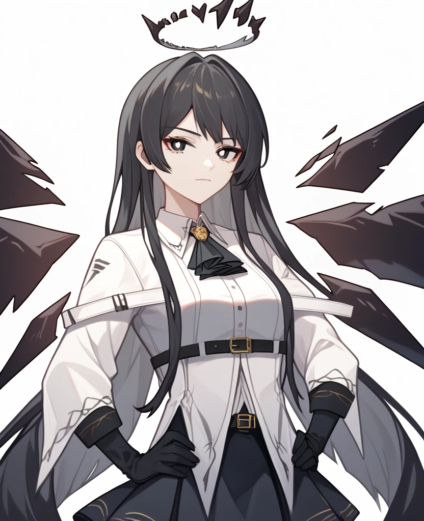 (Fraction_9, Fraction_8_Direction_7_up), src_Japanese cartoons, portrait, 1 Girl, Solitary, Virtual Base, black eyes, white pupils, Long hair, Ji Qie, Broken aura, Black Ascot, White shirt, shawl, Black sleeves, Black gloves, belt, Black skirt, Energy wings, permanent, Hands on Hips, upper body, portrait, White background, Simple background